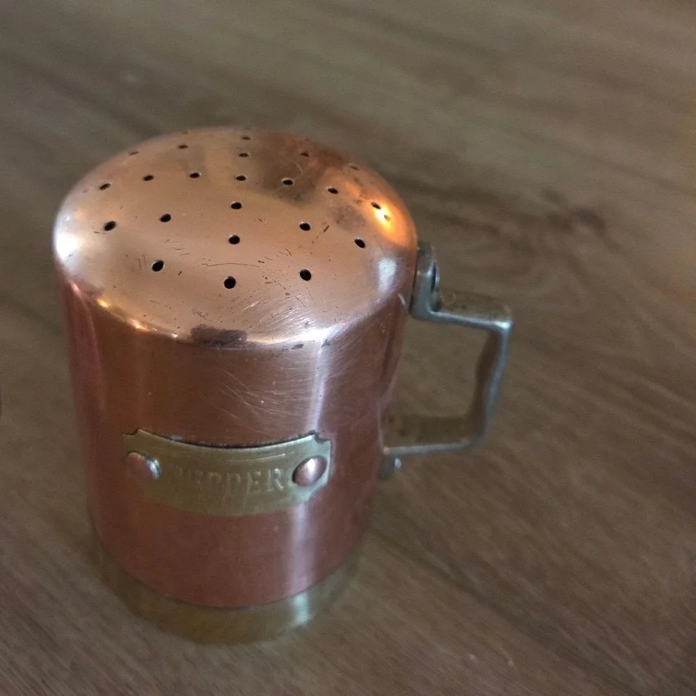 Vintage Copper &‎ Brass Salt & Pepper Shakers Set, Handle, Kitchen Decor